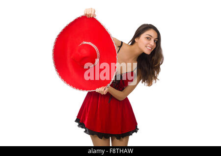 Donna che indossa sombrero rosso isolato su bianco Foto Stock