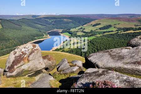 Vista del lago artificiale di Ladybower in una splendida giornata estiva sulle colline del Peak District, Derbyshire, Inghilterra. Foto Stock
