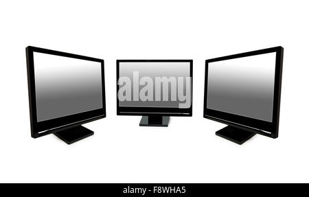 Nero tre monitor lcd isolato sul bianco Foto Stock