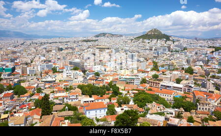 Atene - aerial panorama dell'Acropoli di Atene e Lykavittos hill, Grecia Foto Stock