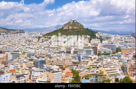 Atene - aerial panorama dell'Acropoli di Atene e Lykavittos hill, Grecia Foto Stock