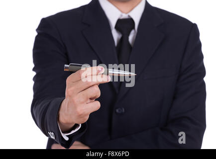 Business man tenendo una penna isolata su sfondo bianco Foto Stock
