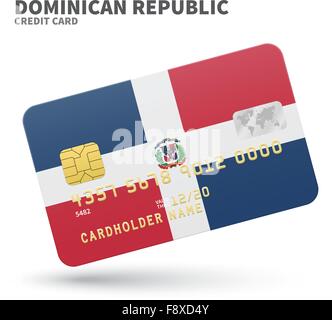 Carta di credito con la bandiera della Repubblica Dominicana sfondo per la banca, presentazioni e business. Isolato su bianco Illustrazione Vettoriale