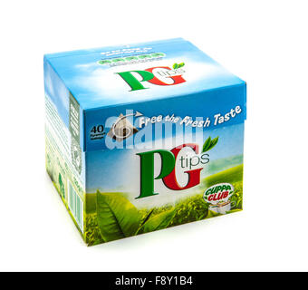 Scatola di PG bustine di tè su sfondo bianco Foto Stock