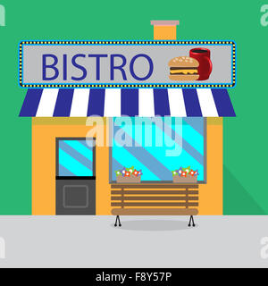 Edificio bistro in stile cartone animato. Cafe facciata, shop e cibo, burger gustoso. Vector art design insolito astratta illustrazione moda Foto Stock