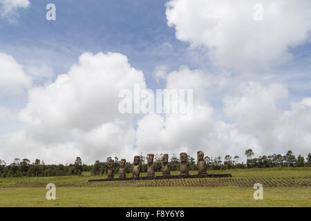 Fotografia del moais a Ahu Akivi sull isola di pasqua in Cile. Foto Stock