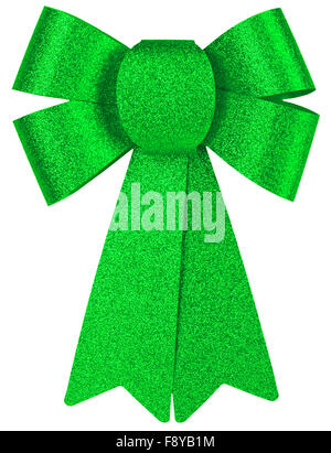 Verde brillante prua regalo con glitter close-up isolato su uno sfondo bianco. Foto Stock