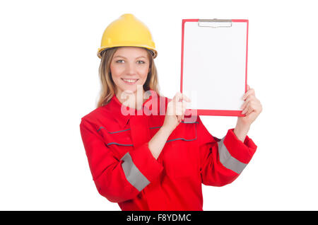 La donna nel concetto industriale isolato su bianco Foto Stock