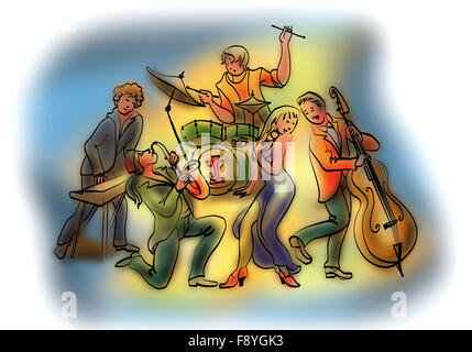 Jazz Band con il pianista, il batterista, bassista, sassofonista e cantante jazz composizione. Foto Stock