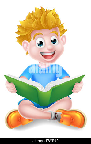 Un felice cartoon little boy godendo la lettura di un libro Foto Stock