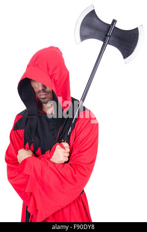 Carnefice in costume rosso con ax su bianco Foto Stock