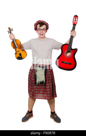 Funny scozzese con lo strumento musicale isolato su bianco Foto Stock
