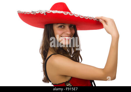 Donna che indossa sombrero rosso isolato su bianco Foto Stock