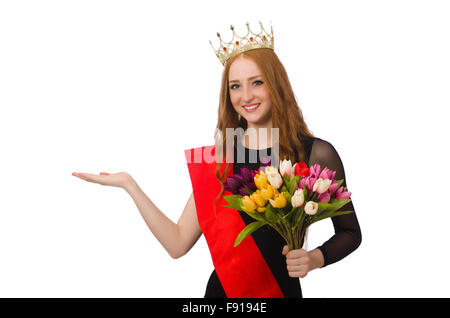 Signora giovane in elegante abito nero isolato su bianco Foto Stock