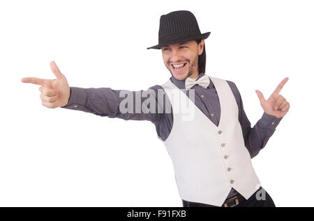 Giovane Uomo in camicia grigia e cappello nero isolato su bianco Foto Stock