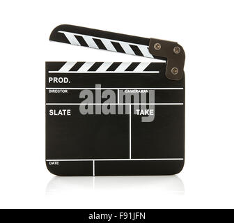 Aprire Clapperboard nero su sfondo bianco Foto Stock