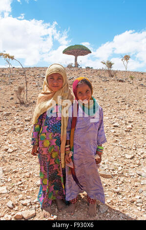 Socotra, Yemen, Medio Oriente: Yemenita ragazze e un drago albero di sangue nella zona protetta di Shibham, Dixam altopiano, centro di biodiversità unico Foto Stock