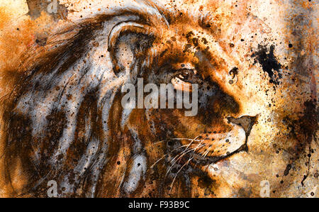 Lion collage su colore sfondo astratto, struttura di ruggine, la fauna selvatica animali Foto Stock