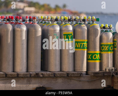 Scuba diving cilindri sul pontile in Bonaire, Antille olandesi Foto Stock