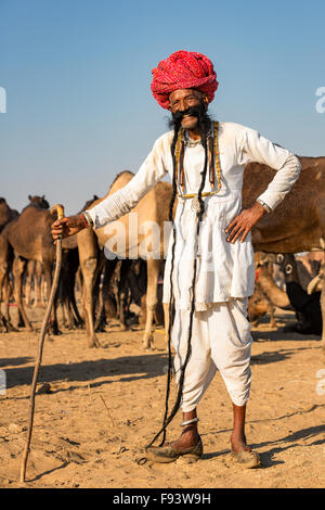 Ritratto di un senior del Rajasthan con barba lunga e turbante, Pushkar, Rajasthan, India Foto Stock