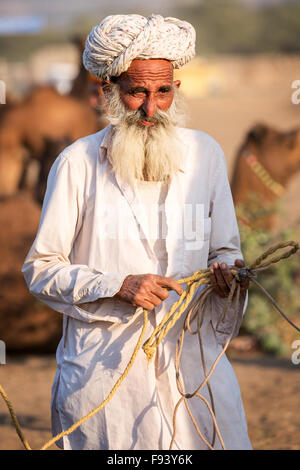 Rajasthani indossando vestiti tradizionali a Pushkar Mela (camel fair), Pushkar, Rajasthan, India Foto Stock