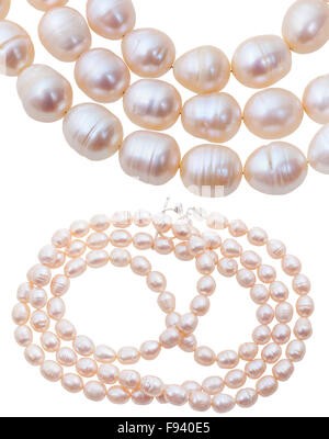 Neclace da bianco e rosa naturale perle di fiume isolati su sfondo bianco Foto Stock