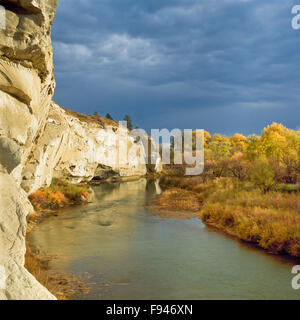 Le scogliere e i colori autunnali lungo il fiume a linguetta vicino a Ashland, montana Foto Stock