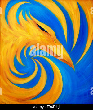 Fire phoenix su sfondo blu, olio originale pittura, colore giallo Foto Stock