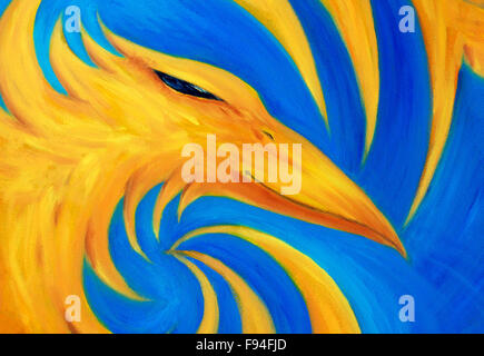 Fire phoenix su sfondo blu, olio originale pittura, colore giallo Foto Stock