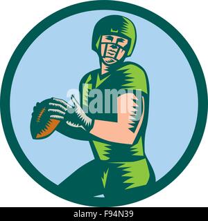 Illustrazione di un american football gridiron quarterback giocatore gettando la sfera se visto dalla parte anteriore impostato all'interno del cerchio su sfondo isolato fatto rétro xilografia stile. Illustrazione Vettoriale