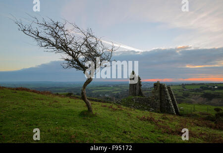 Tramonto cadere attraverso albero Pearces parte del lungo di ridondanza Sud Caradon miniera di rame Foto Stock