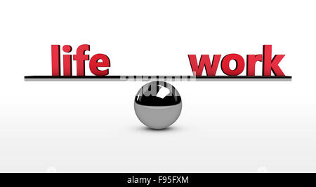 Equilibrio tra vita e lavoro concettuale di 3d illustrazione con la vita e il lavoro di segno rosso in equilibrio su una sfera di metallo. Foto Stock