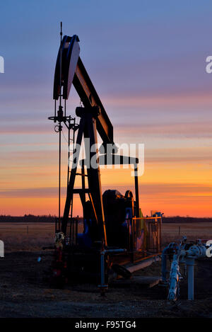 Un'immagine verticale di un martinetto della pompa funzionante a pompaggio di olio grezzo da una testa di pozzo stagliano dal sole al tramonto in Alberta rurale Foto Stock