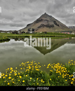 Arnarstapi borgo marinaro ai piedi del Monte Stapafell Snaefellsnes Peninsula, Islanda. Foto Stock