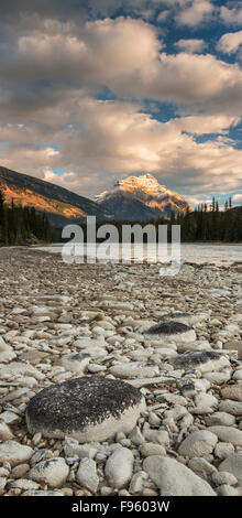 Athabasca River e il Monte Kerkeslin, Jasper National Park, Alberta, Canada Foto Stock