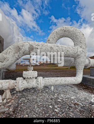 Il decadimento industriale e silice su tubi a Bjarnarflag Impianto geotermico, Islanda Foto Stock