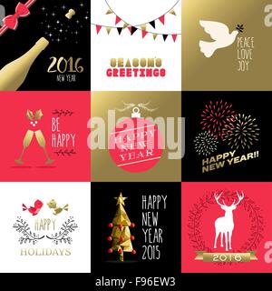 Felice Anno Nuovo 2016 set di banner retrò e le etichette con oro rosso. Include la decorazione di ornamento, vacanze elementi, Illustrazione Vettoriale