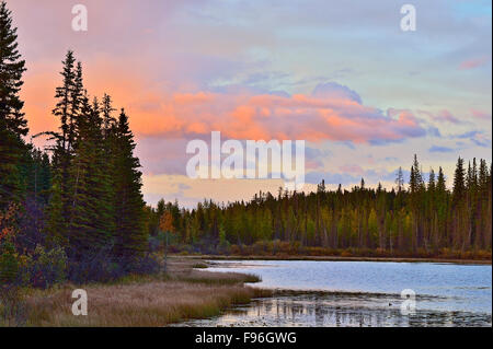 Un bel paesaggio autunnale di Maxwell lago vicino a Hinton, Alberta, Canada al tramonto Foto Stock