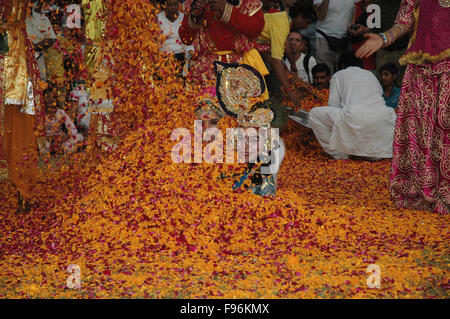 Artisti folcloristici di eseguire Radha-Krishna love story, coperto con rose e fiori marrygold su Holi a Jaipur, Rajasthan (India). Foto Stock