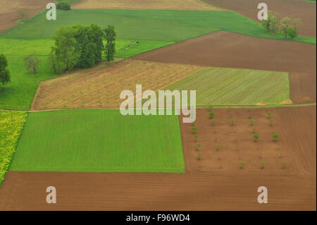 Campi agricoli in Dordogna valle vista dal Castello di Beynac, Dipartimento di Dordogne, Aquitaine, Francia Foto Stock