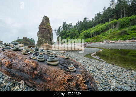 Pile di rocce poste su registri al Ruby Beach Penisola Olimpica lavare USA Foto Stock