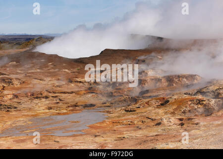 Attiva zona vulcanica a Gunnuhver area geotermale con acqua bollente e vapore emergenti alla penisola di Reykjanes, Islanda Foto Stock