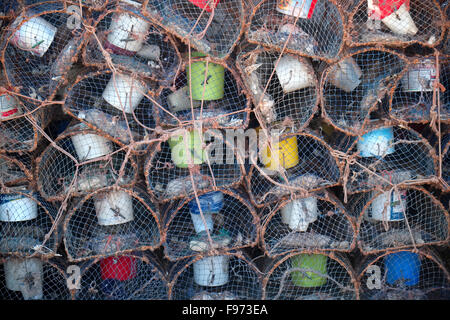 Aragosta e granchio gabbie impilate sulla banchina del porto di Essaouira Mogador in Marocco Foto Stock