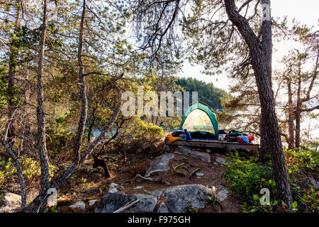 Un kayaker di tenda su West Curme isola si affaccia sull isola di visone nella desolazione del suono del parco marino, British Columbia, Canada. Foto Stock