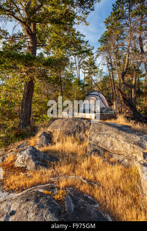 Il sole tramonta su un kayaker di tenda su West Curme isola nella desolazione del suono del parco marino, British Columbia, Canada. Foto Stock