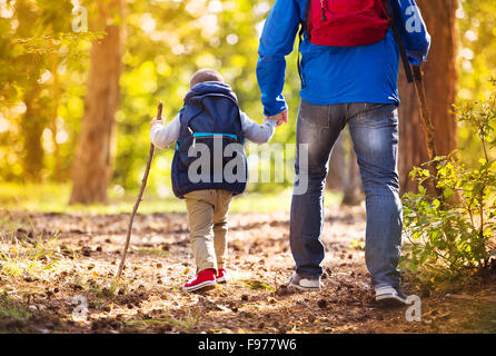 Padre e figlio a piedi durante le attività di trekking nella foresta di autunno al tramonto Foto Stock