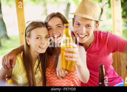 Gruppo di felice gli amici a bere e divertirsi in pub garden Foto Stock