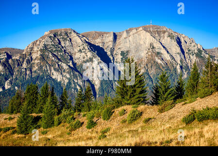 Le montagne dei Carpazi. Bucegi rocky ridge in colori autunnali, incredibile paesaggio alpino in Busteni, Prahova Valley. Foto Stock