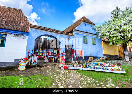 Dipinto di blu casa tradizionale con verde di Windows dal villaggio in Transilvania, Romania Foto Stock