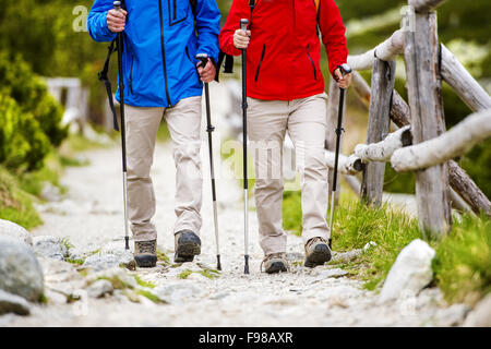 Close-up di gambe di coppia senior di escursioni presso le belle montagne Foto Stock